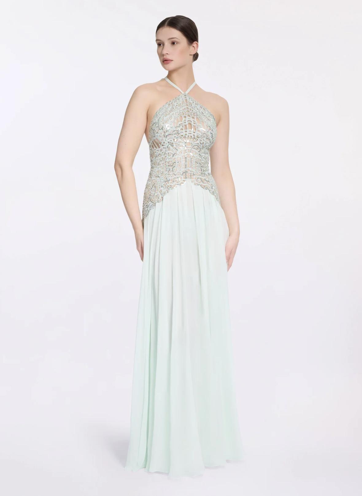abito verde tiffany da cerimonia lungo con scollo all'americana