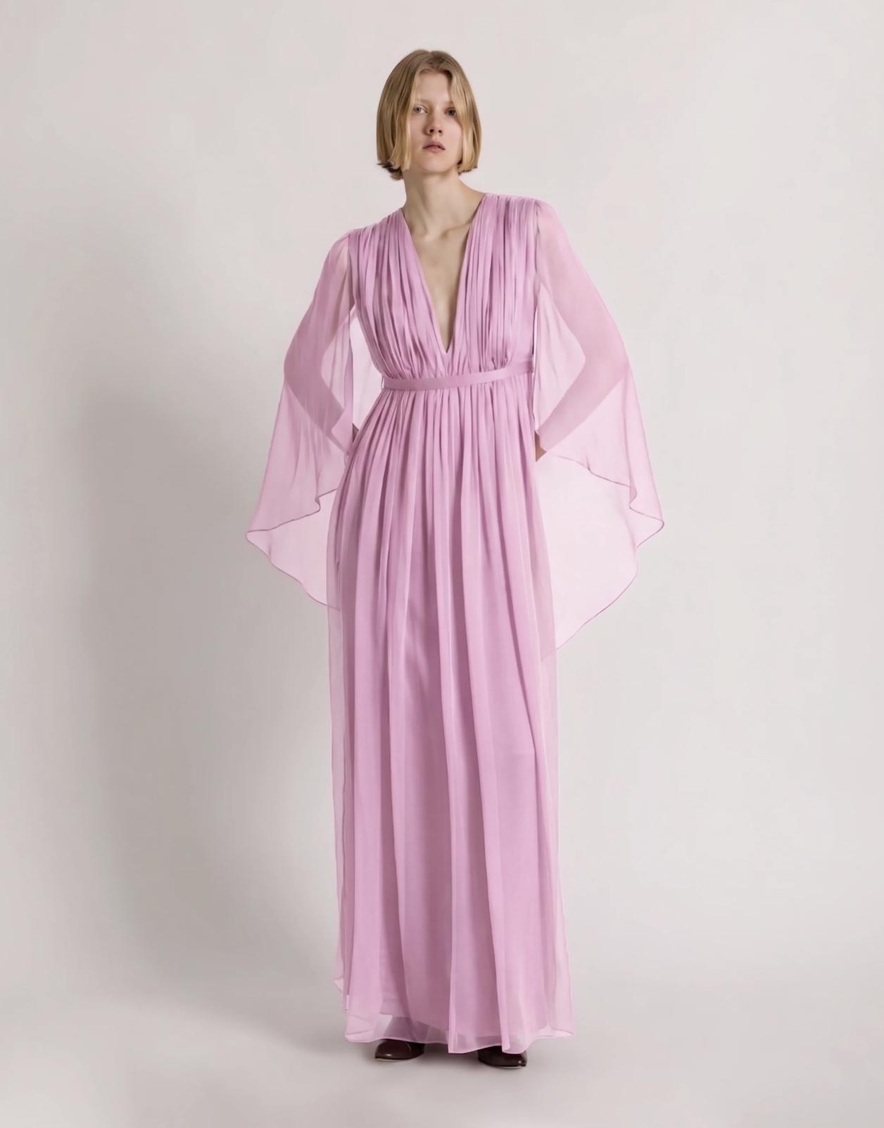 abito da cerimonia donna curvy lungo stile impero con mantella, color lilla