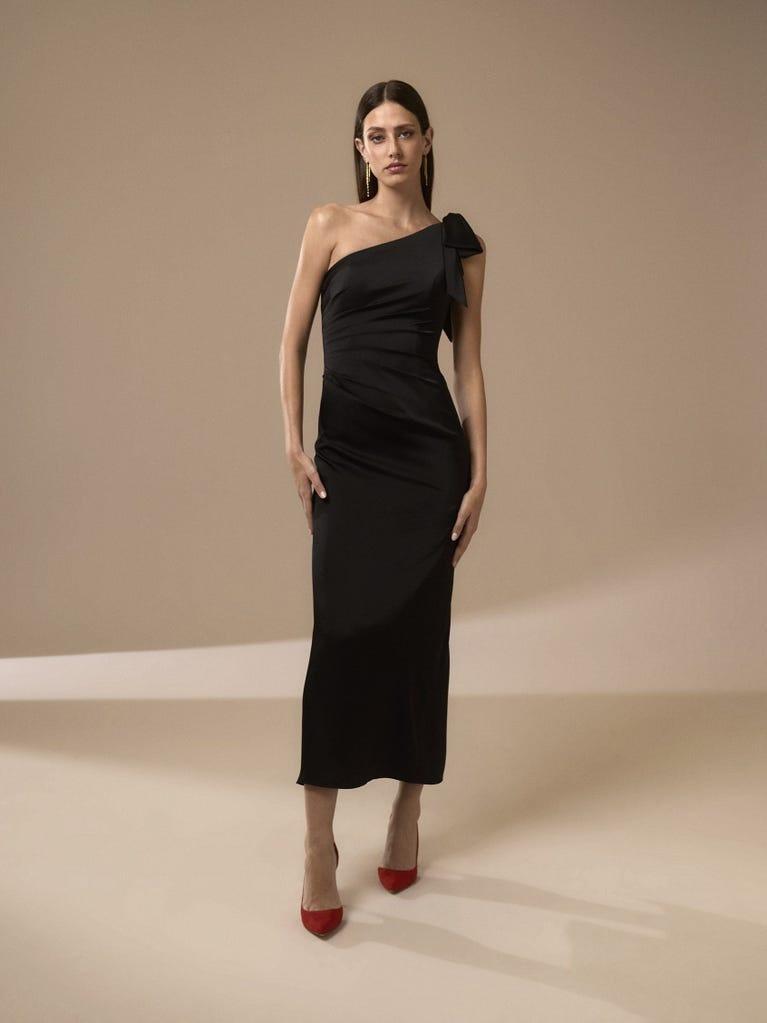 abito mamma sposa midi con scollo asimmetrico nero