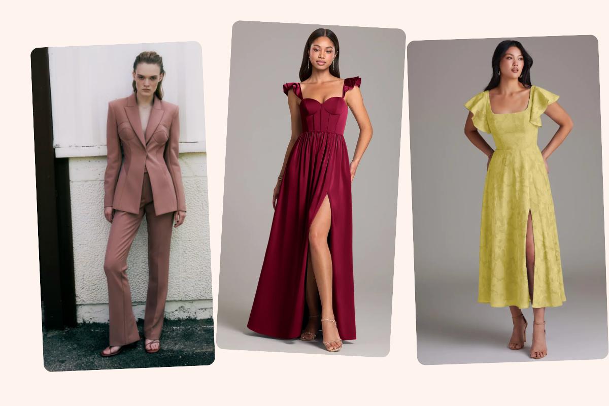 tre abiti sorella sposa, un tailleur rosa, un abito lungo vinaccio e un abito midi giallo