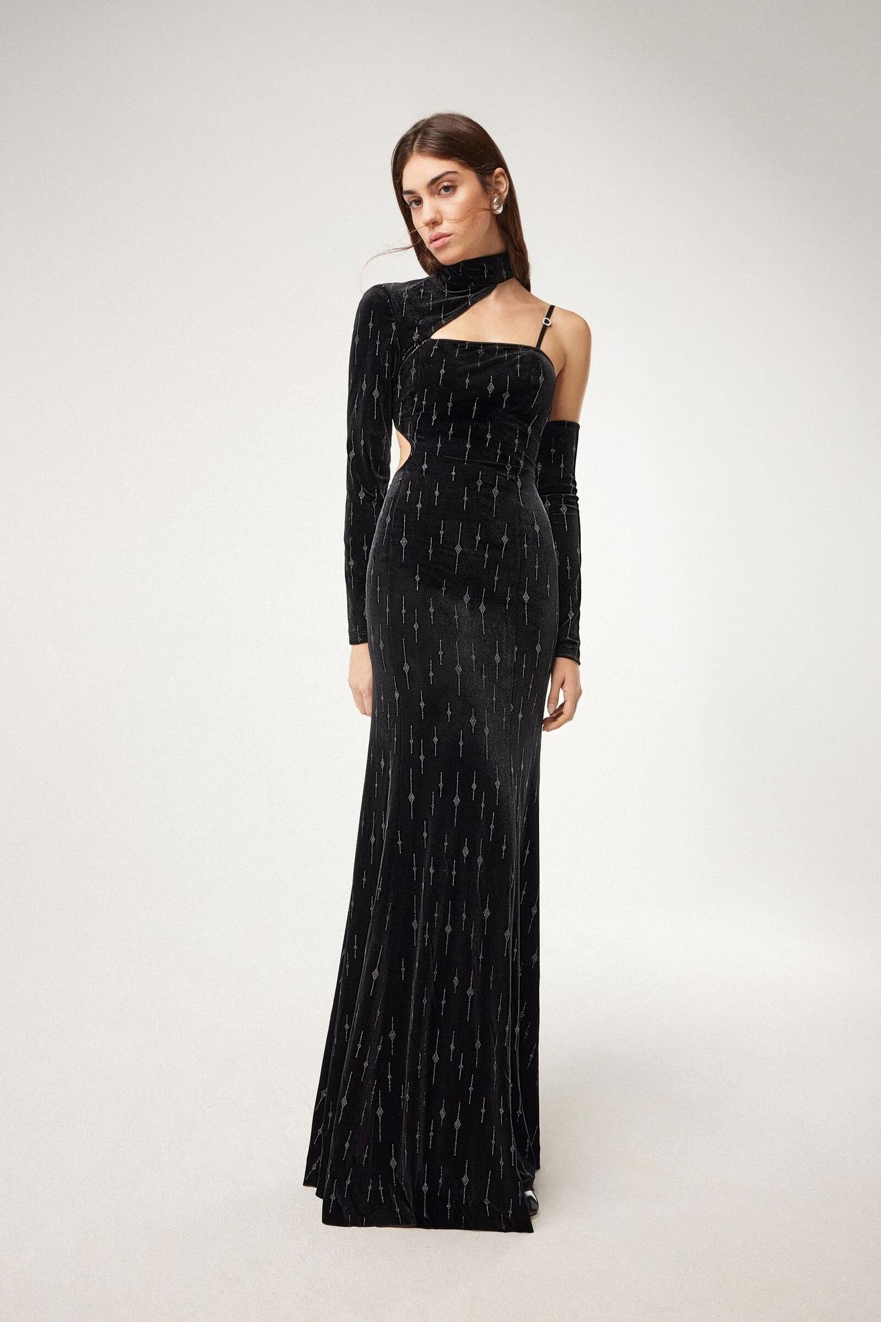 abito elegante da cerimonia lungo, nero con dettagli cut-out