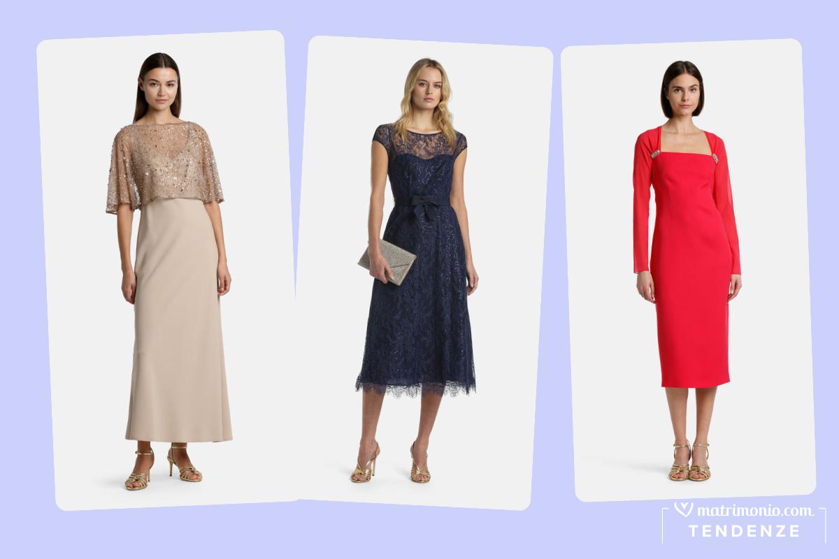 abiti mamma dello sposo, uno rosa antico lungo con coprispalle con strass, uno blu in pizzo midi e uno rosso con amiche lunghe scollo quadrato a tubino
