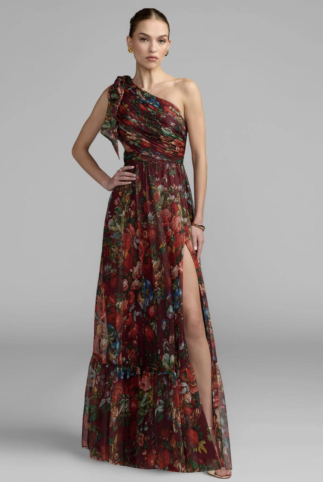 abito da cerimonia donna curvy fantasia floreale monospalla, gonna lunga