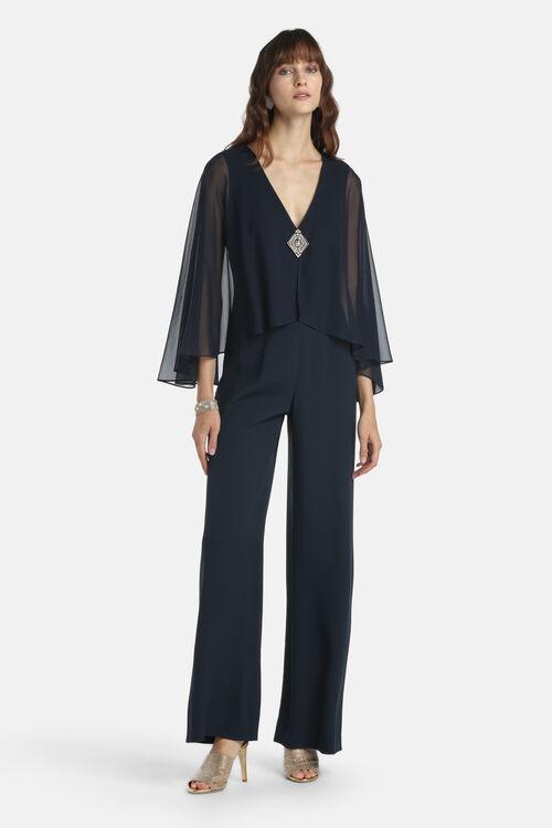 jumpsuit Luisa Spagnoli blu con scollo a V e dettaglio prezioso nel décolleté