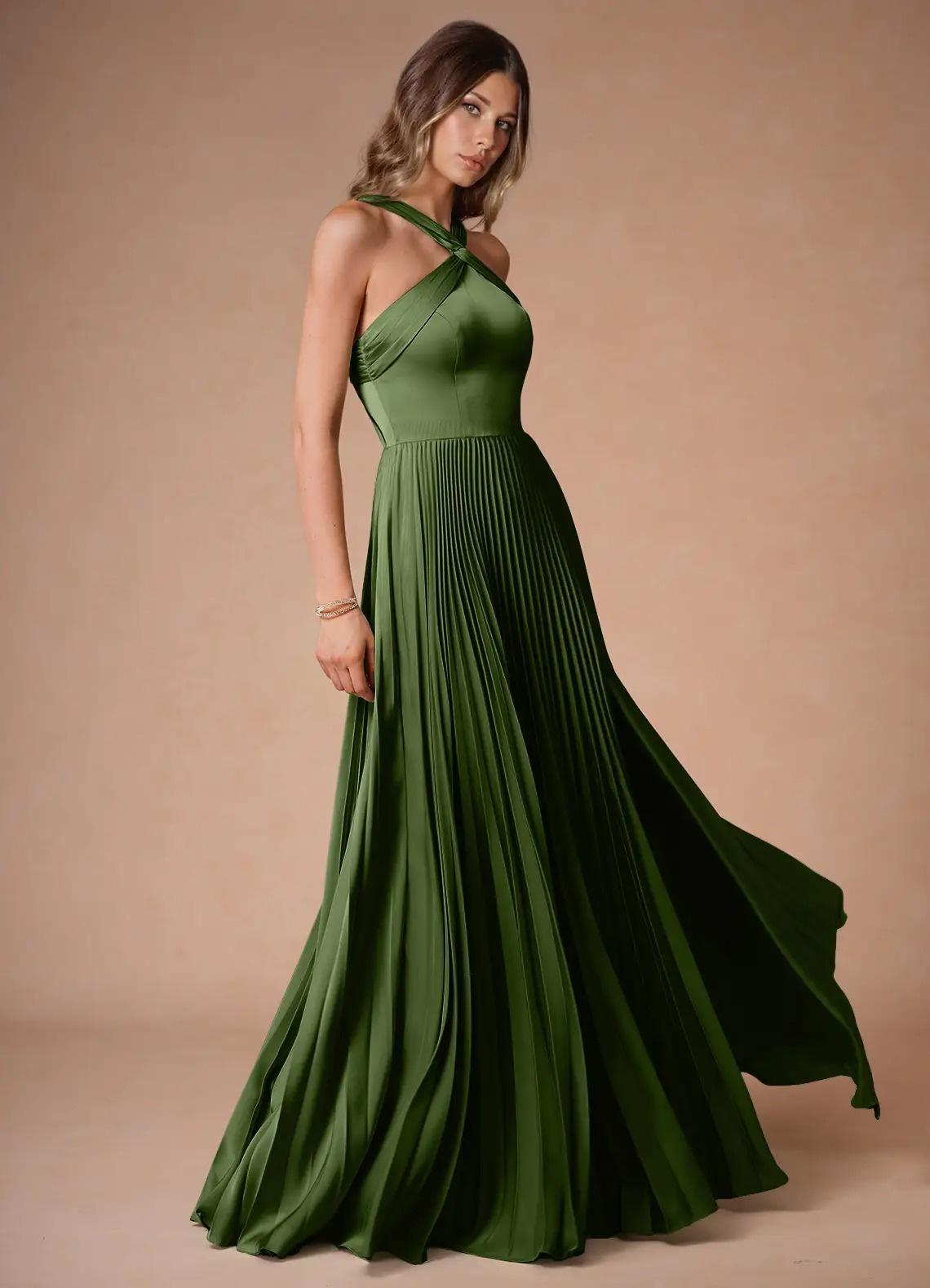 abito elegante da cerimonia lungo, con gonna plissettata e scollo all'americana