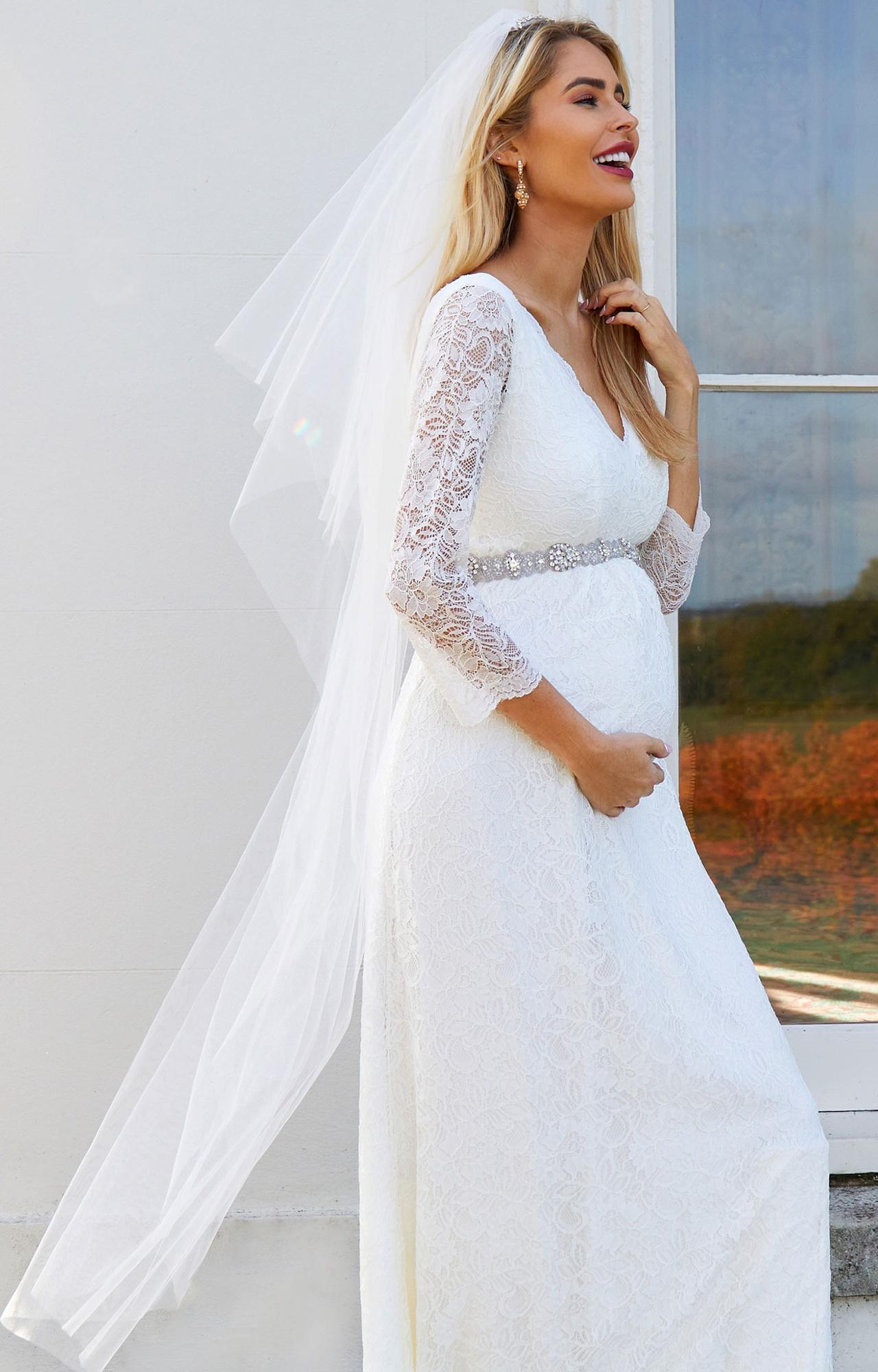 abito da sposa premaman in pizzo modello A line con cinturino con strass 