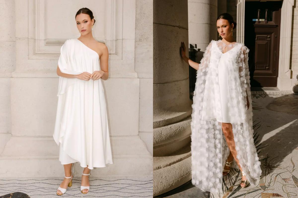 due abiti da sposa premaman, uno midi con monospalla e gonna morbida, l'altro corto a campana con mantella trasparente con applicazioni