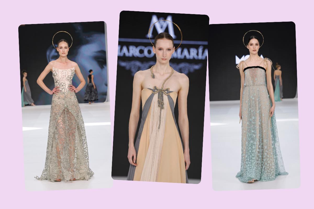 abiti da sposa colorati, uno dorato  con applicazioni preziose, uno rosa e grigio e uno rosa e azzurro polvere con striscia nera sul bistino