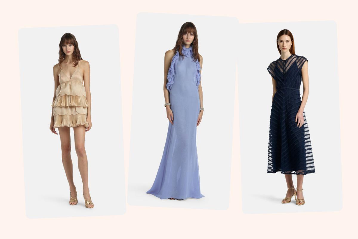 tre abiti da cerimonia Luisa Spagnoli, uno corto color crema con balze, uno lungo pervinca con scollo all'americana e uno midi blu in pizzo