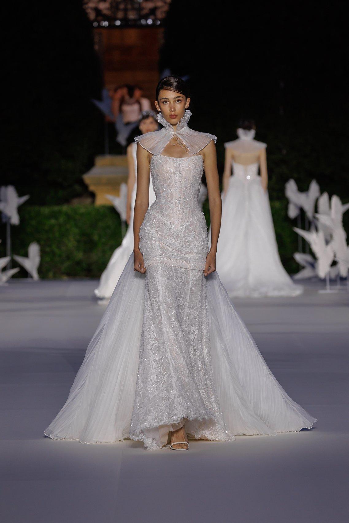 abito da sposa 2 in 1 a semi sirena in pizzo con  colletto rimovibile