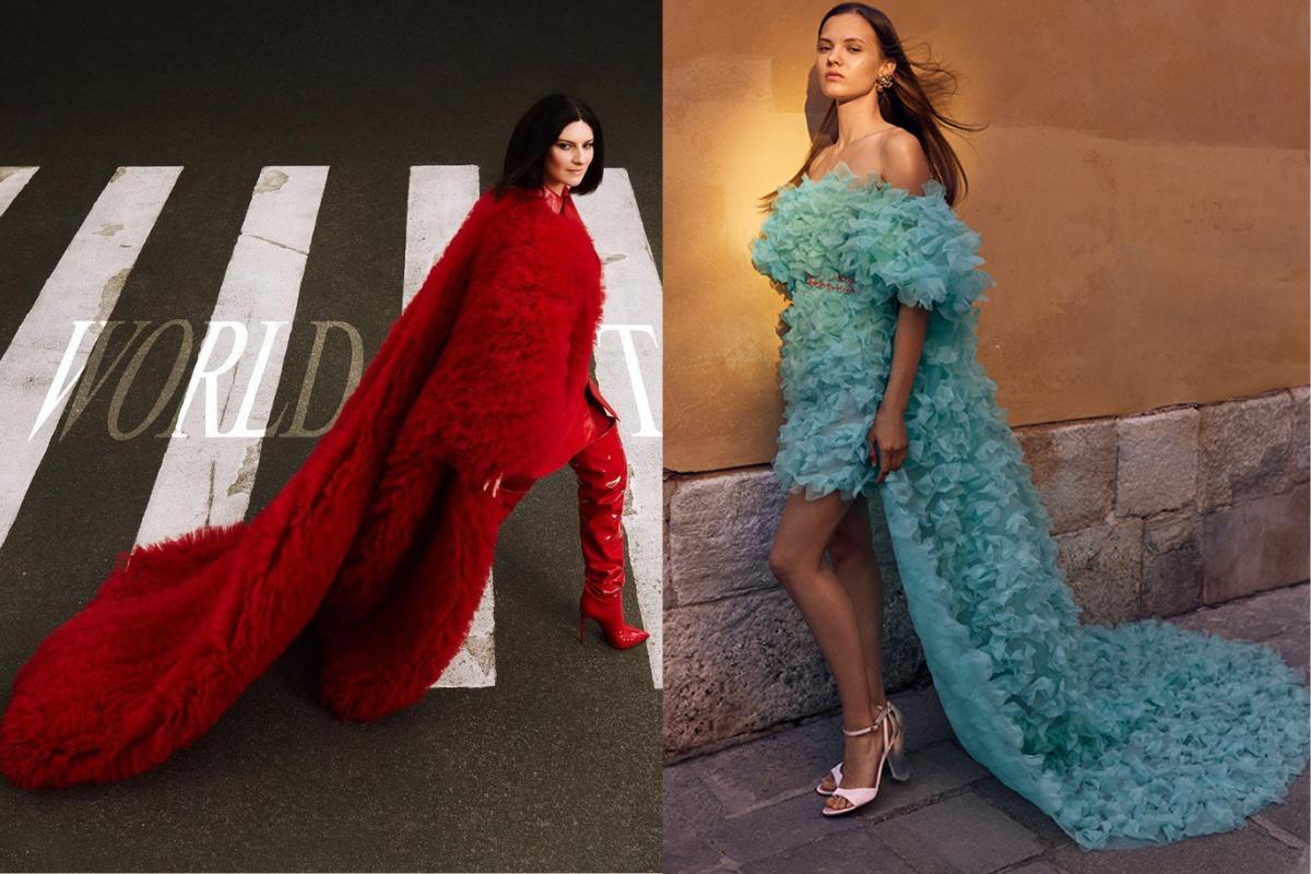 abito da cerimonia Laura Pausini con strascico vaporoso