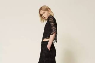 completo sorella sposa a due pezzi nero, top e pantalone