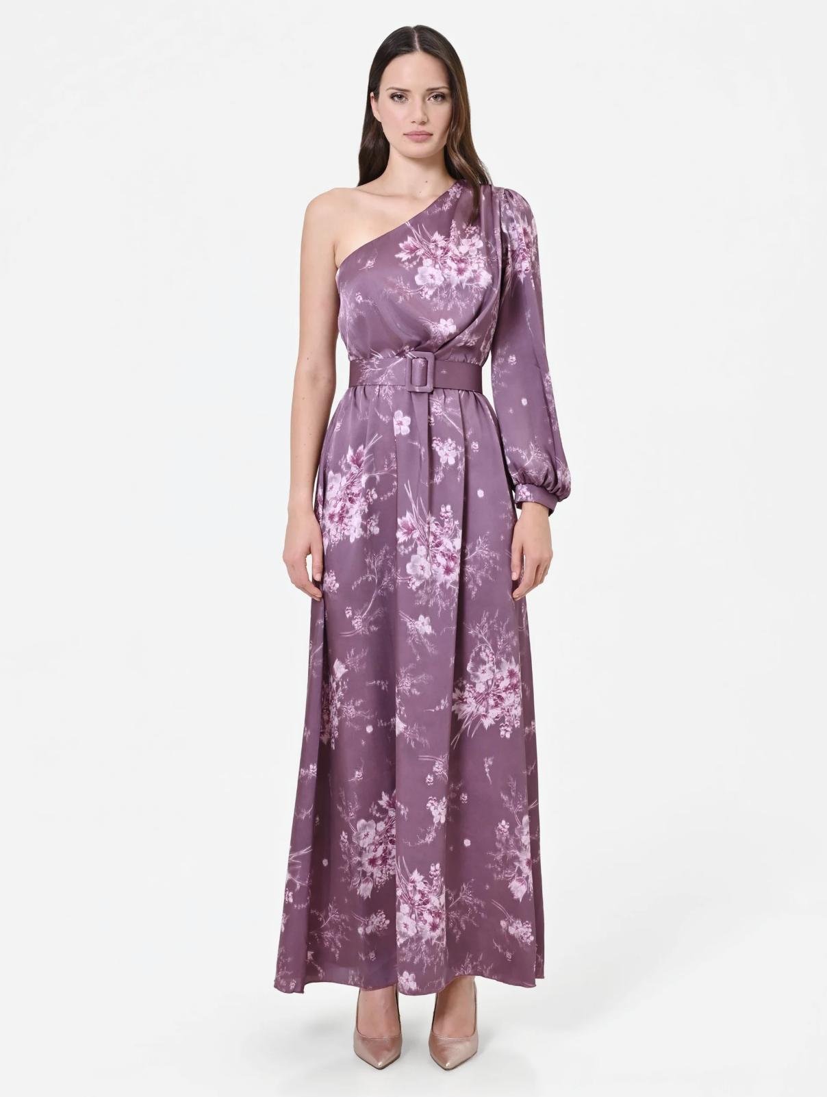 abito da cerimonia donna curvy monospalla con fantasia floreale color lilla, con cintura in vita