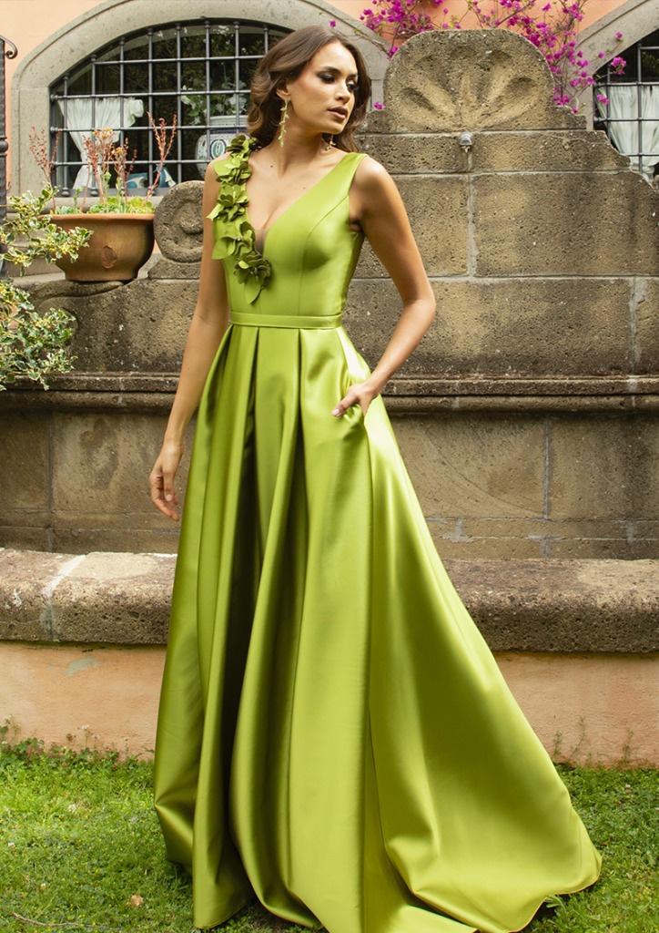 abito elegante da cerimoniam lungo, con gonna morbida, tasche, scollo a V con applicazioni floreali in 3D