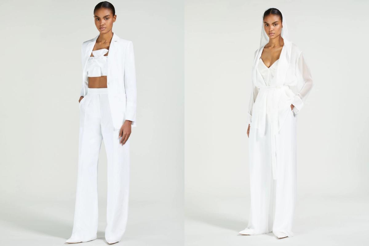 due abiti sposa matrimonio civile tailleur, uno con blazer top corto e pantalone e uno con giacca simil camicia con fusciacca, bustier e pantapalazzo