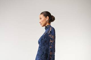 abito elegante da cerimonia, lungo in pizzo blu