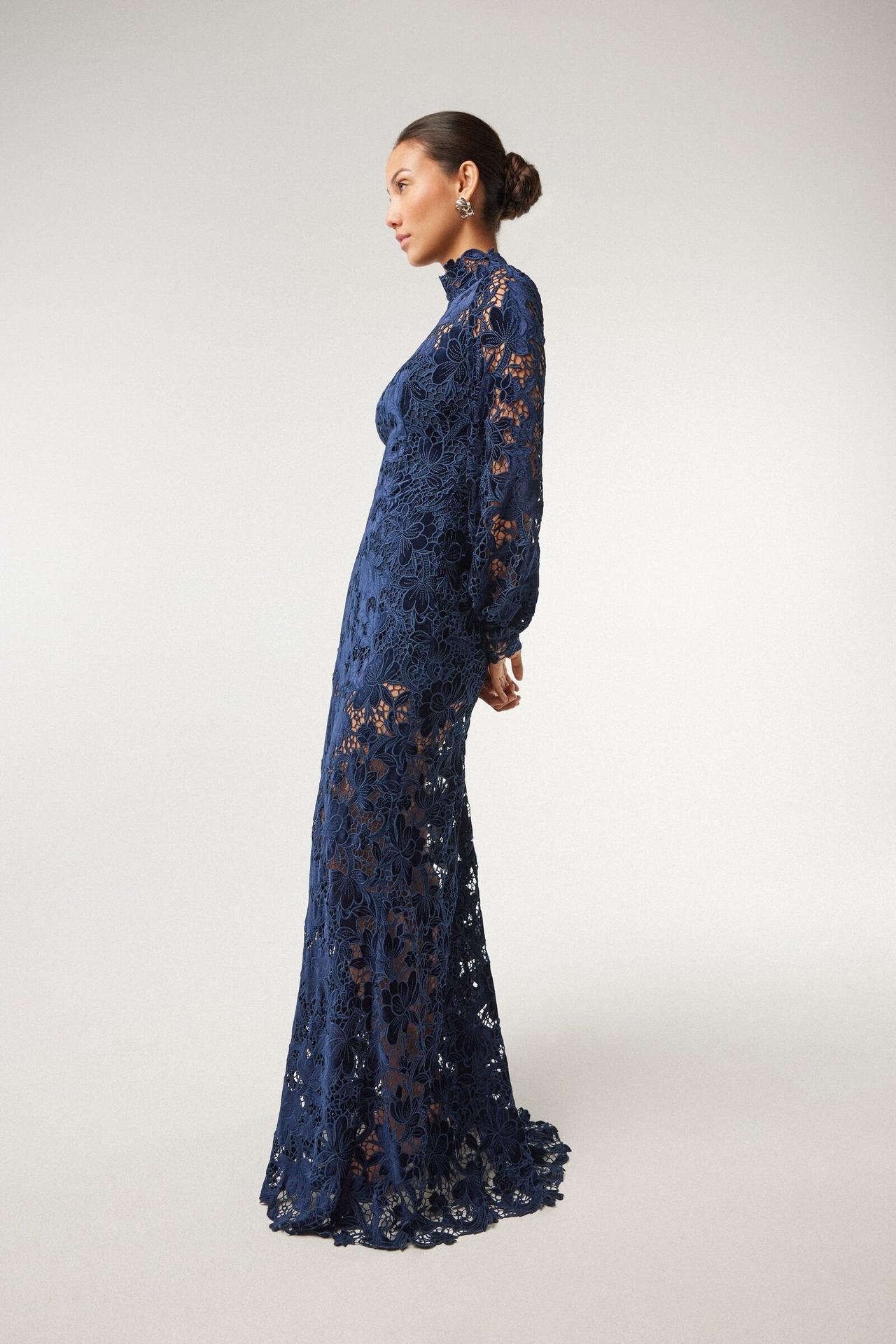 abito elegante da cerimonia, lungo in pizzo blu