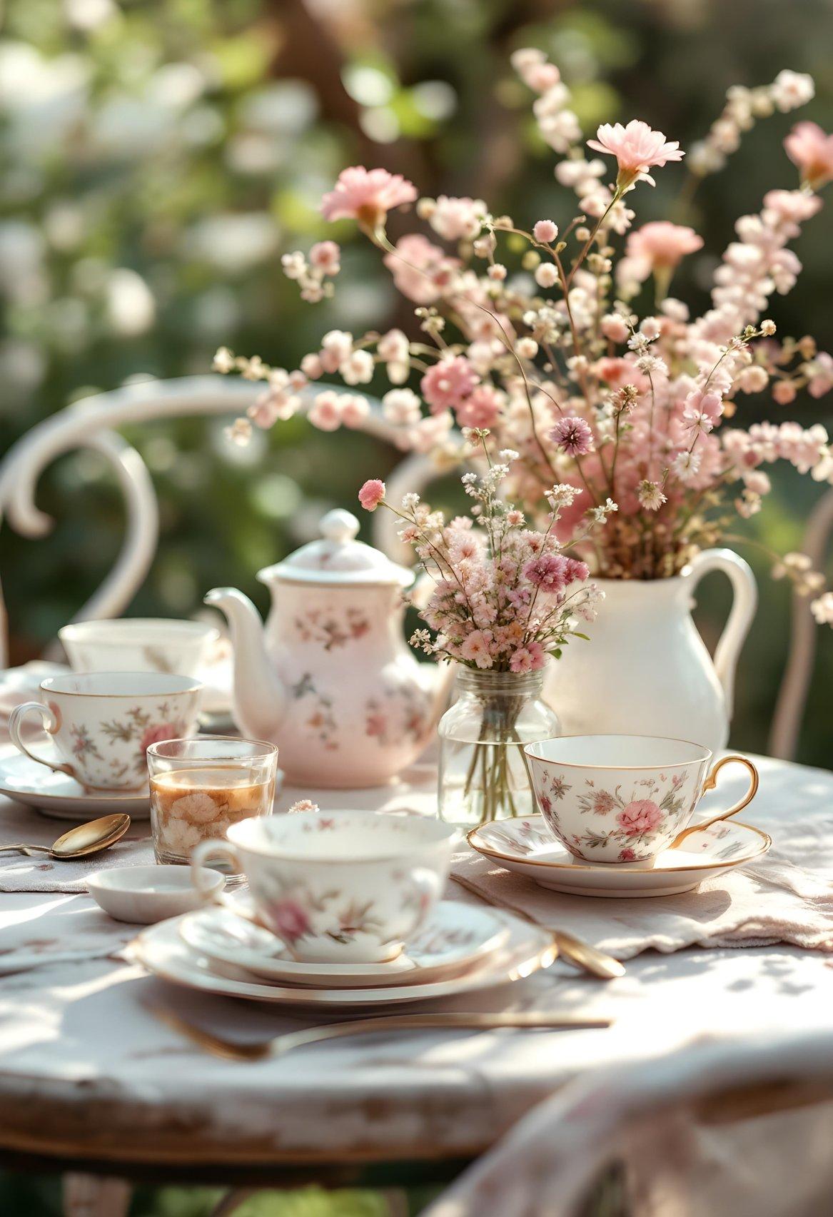 corner tisane con ceramiche di porcellana e fiori rosa in vasetti trasparenti. matrimonio cottage core