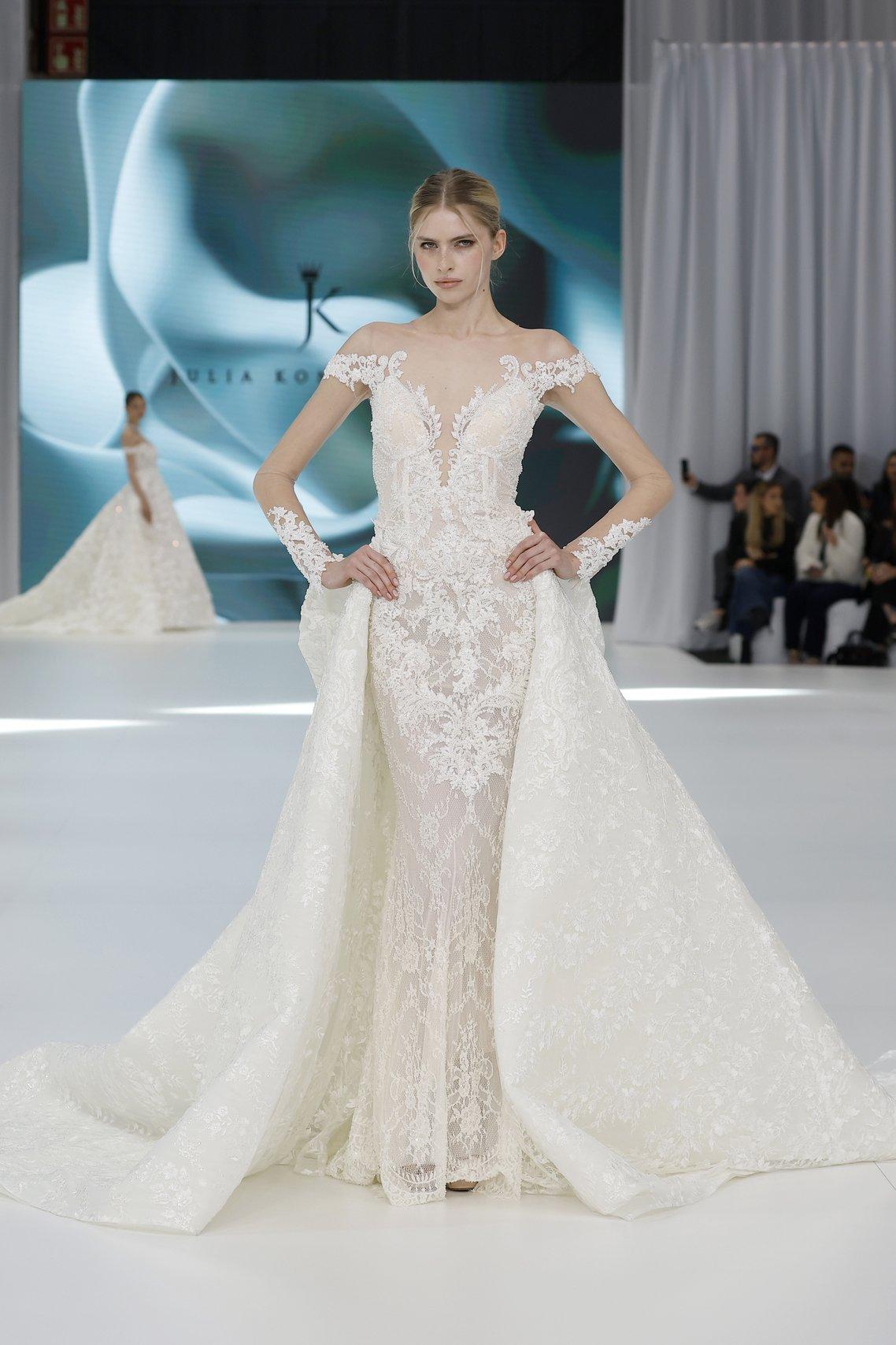abito da sposa 2 in 1 scollo a cuore, a sirena in pizzo con sopragonna ampia