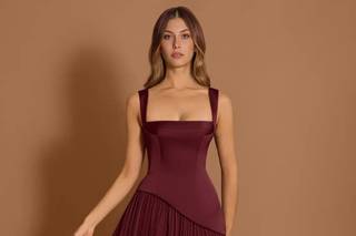 abito elegante da cerimonia lungo, con bustier color bordeaux