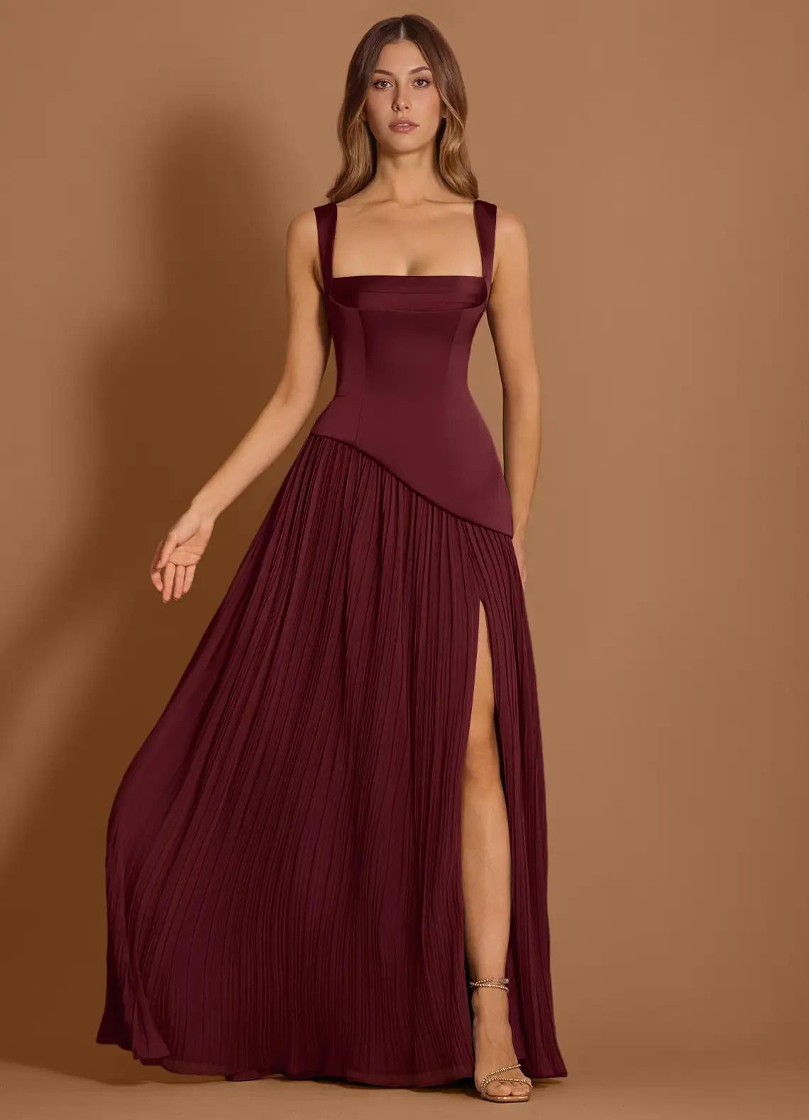 abito elegante da cerimonia lungo, con bustier color bordeaux