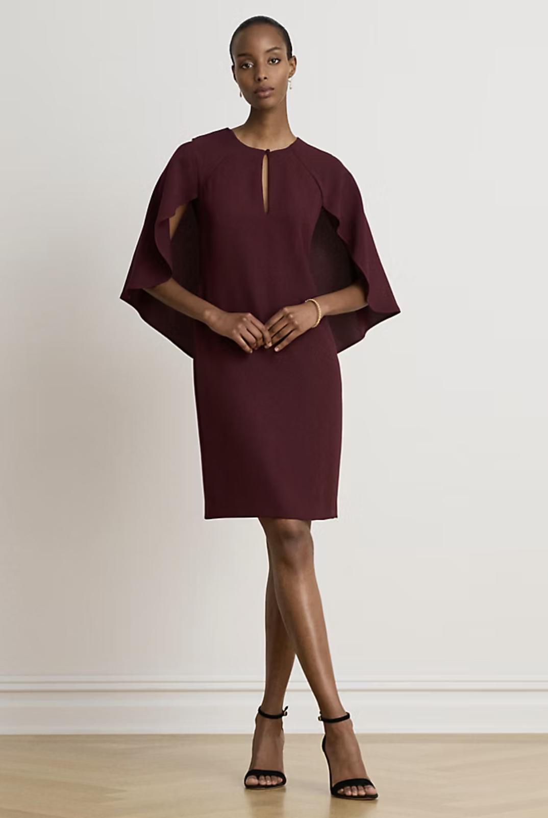abito da cerimonia donna curvy al ginocchio con mantella, bordeaux