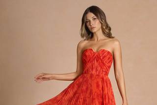 abito elegante da cerimonia midi, rosso in chiffon plissettato
