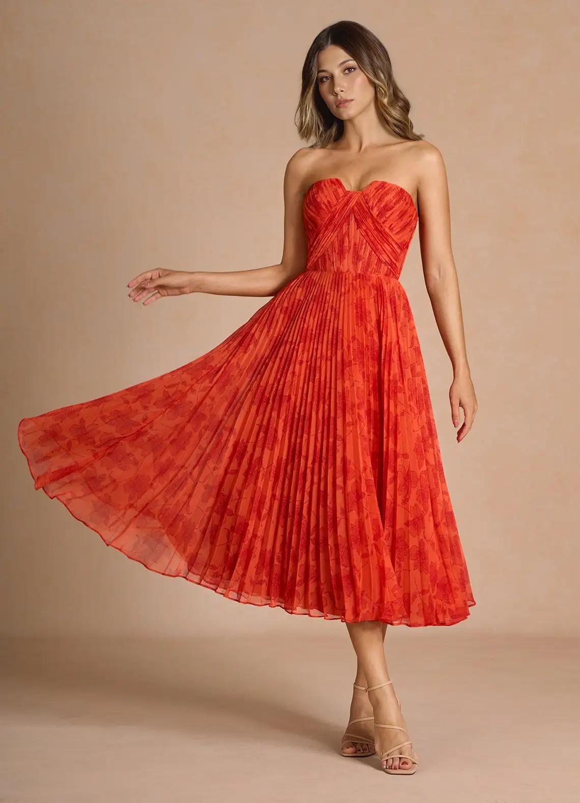 abito elegante da cerimonia midi, rosso in chiffon plissettato