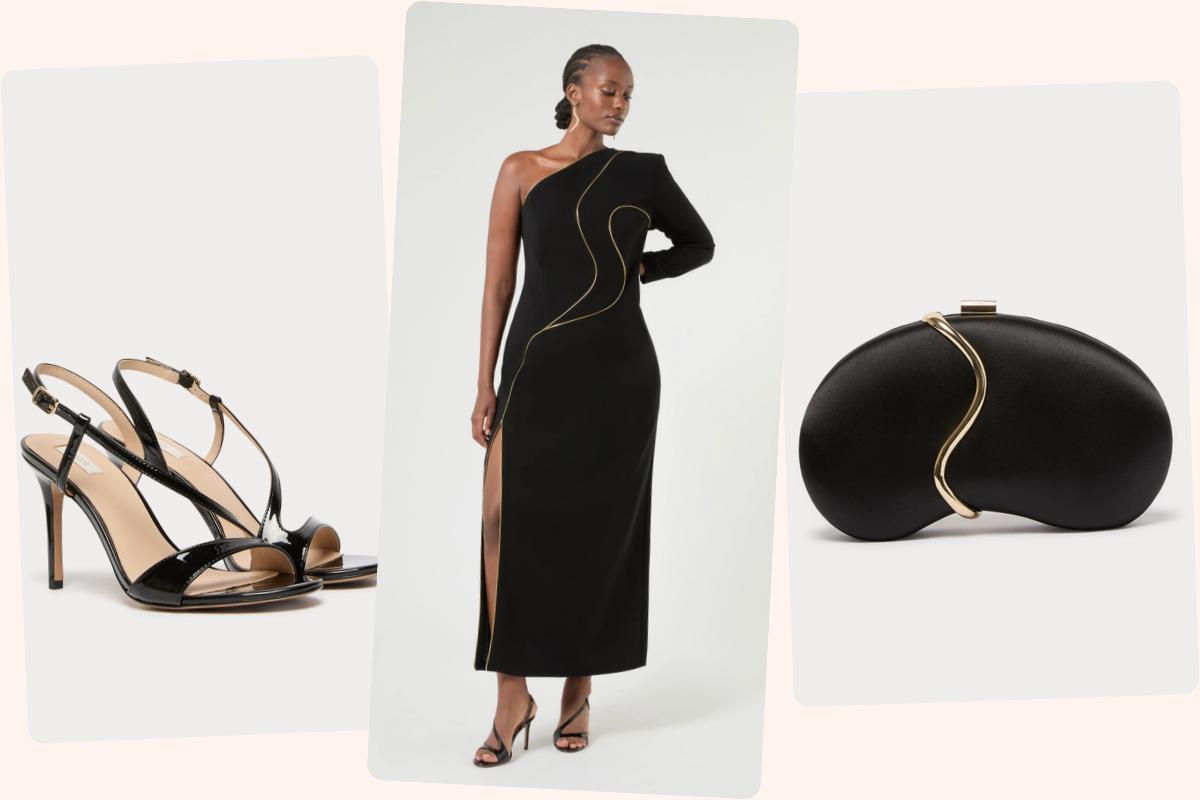 abito da cerimonia donna curvy nero con spacco e collo asimmetrico con sandali neri e clutch nera e oro