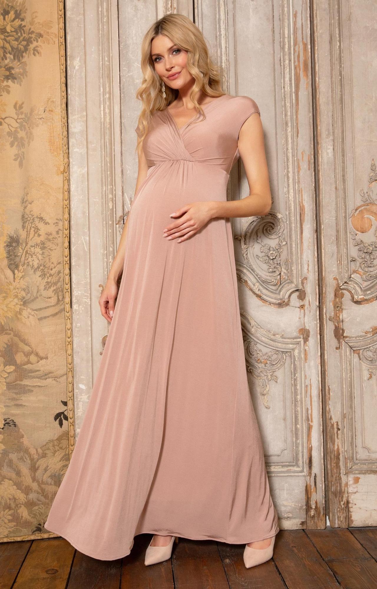 vestito da sposa premaman rosa, stile impero con scollo incrociato
