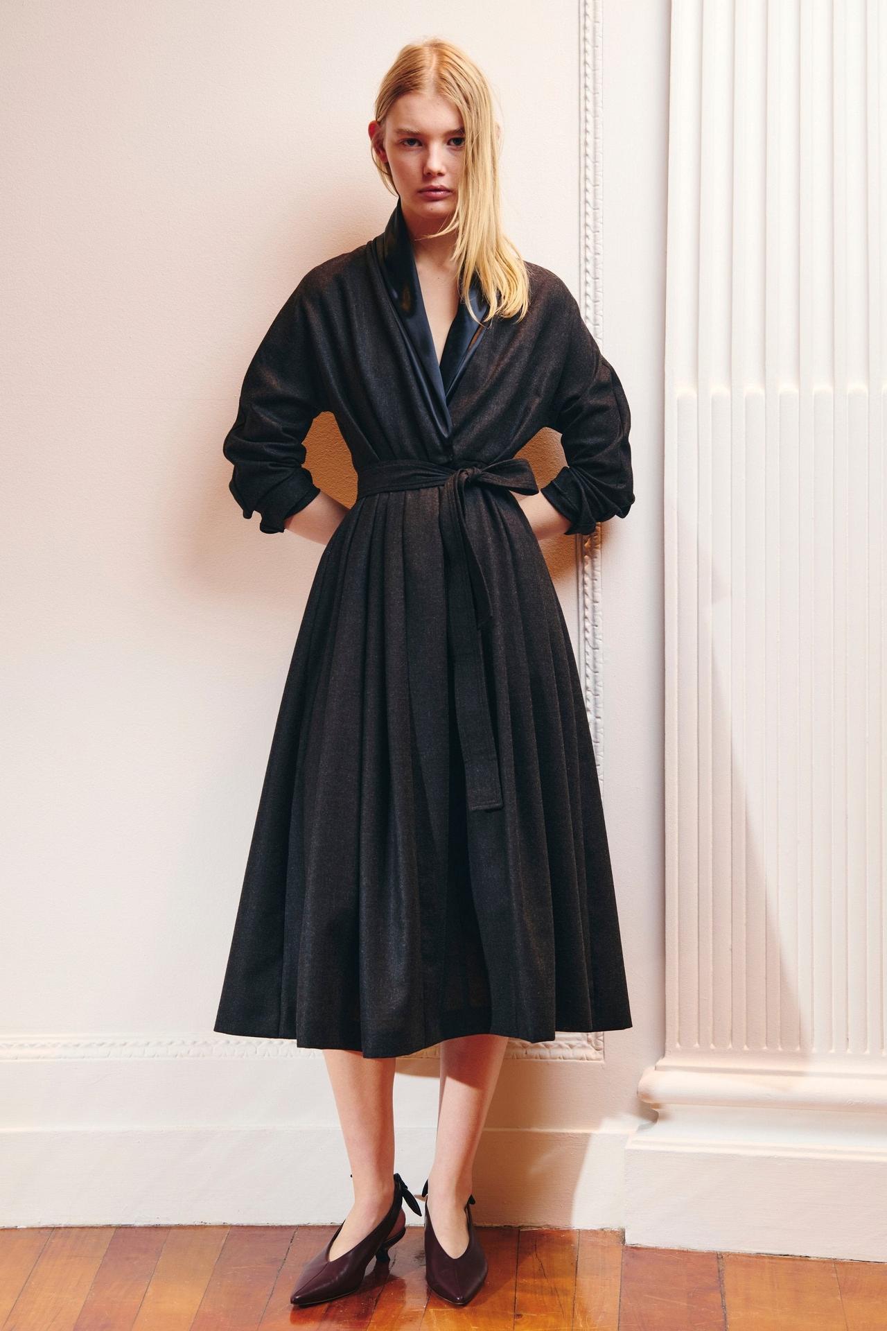 abito cerimonia donna autunno abito midi con gonna larga maniche lunghe e cinturino