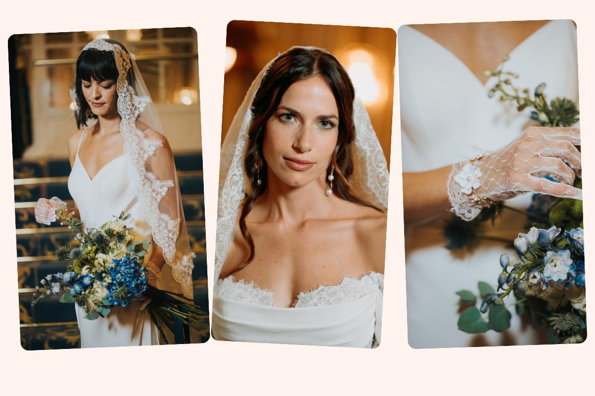 tre foto con dettagli accessori che completano bridal look regency, nella prima sposa con velo in pizzo, nella seconda  sposa con orecchini con perle e velo in pizzo, nella terza guanti in pizzo
