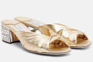 sandali gioiello matrimonio sabot in pelle metallizzata con quadrata aperta e tacco largo con pietre