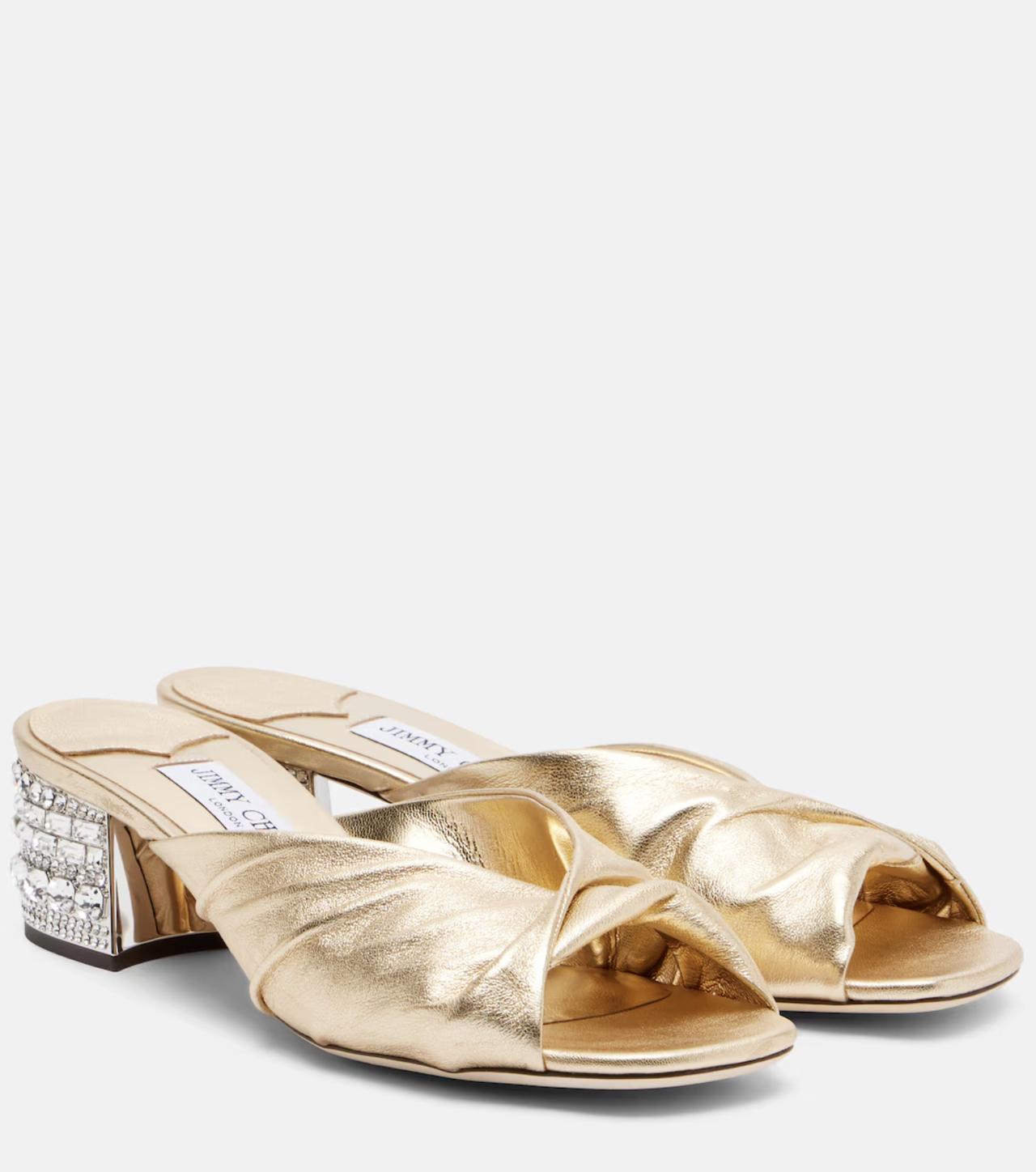 sandali gioiello matrimonio sabot in pelle metallizzata con quadrata aperta e tacco largo con pietre