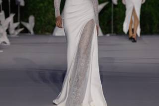 abito da sposa 2 in 1 a sirena in pizzo, collo alto, maniche lunghe con abito liscio sopra rimovibile
