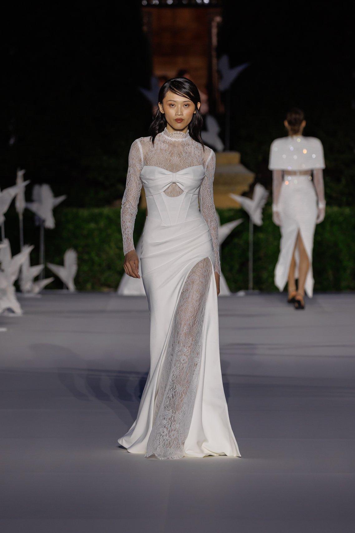 abito da sposa 2 in 1 a sirena in pizzo, collo alto, maniche lunghe con abito liscio sopra rimovibile