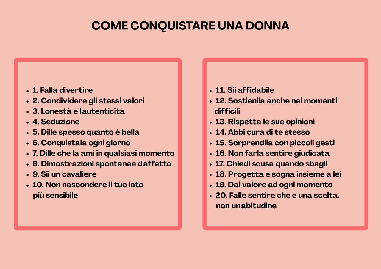 infografica con lista 20 cose per conquistare una donna