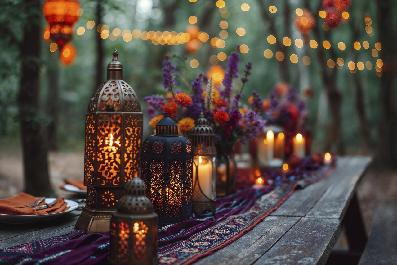 allestimento tavoli con lampade marocchine runner colorato per nozze etniche- stili matrimonio