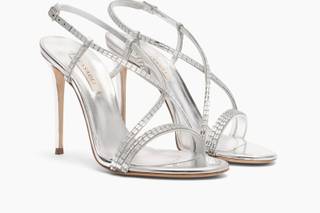 sandali per cerimonia color argento con cristalli e tacco alto a stiletto