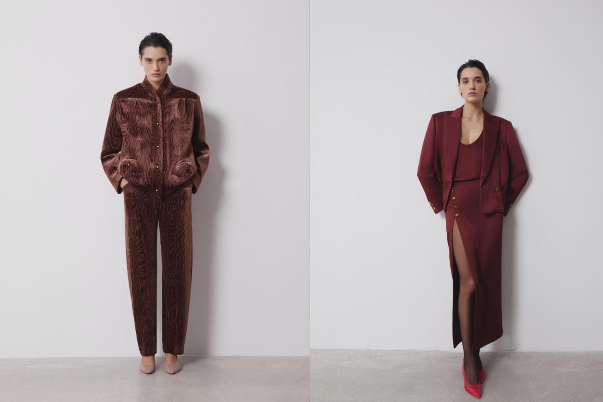 abiti da invitata matrimonio, uno completo con pantalone in velluto marrone, l'altro giacca e gonna lunga bordeaux- come vestirsi a un matrimonio