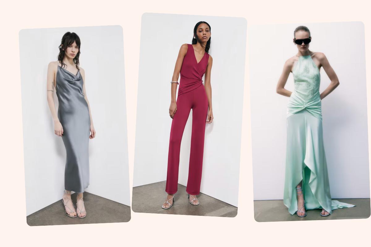 3 abiti sorella sposa, uno griglio midi in satin, una jumpsuit bordeaux e un abito lungo con scollo all'americana verde acqua
