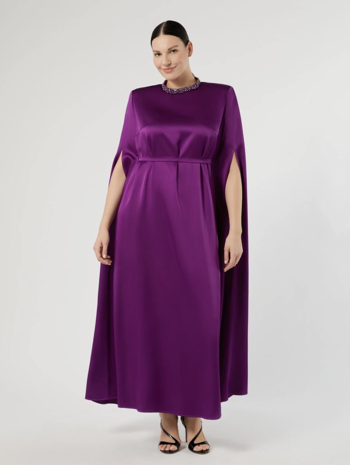 abito da cerimonia donna curvy in envers satin lucido, con collo ricamato da pietre con cintura, viola
