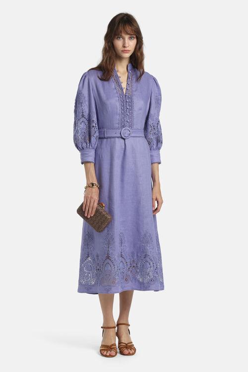 abito da cerimonia Luisa Spagnoli midi, color lilla con cinturino e maniche a tre quarti