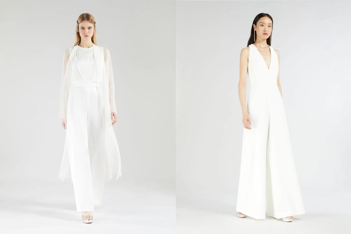 due abiti sposa matrimonio civile jumpsuit, uno con giacca lunga  e uno con scollo a v e pantapalazzo