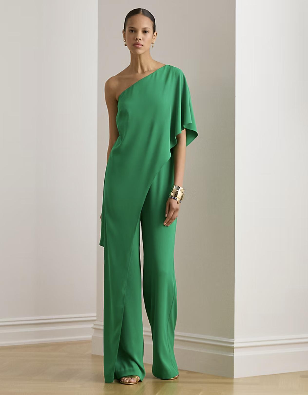 jumpsuit verde smeraldo con scollo asimmetrico