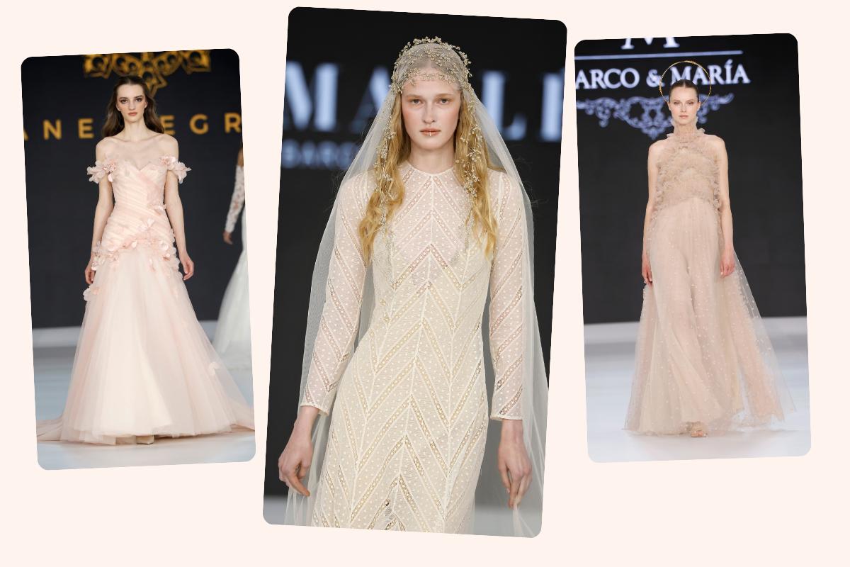 3 abiti da sposa, uno rosa con gonna in tulle e applicazioni floreali, uno avorio in pizzo e uno rosa in tulle e pizzo con scollo all'americana