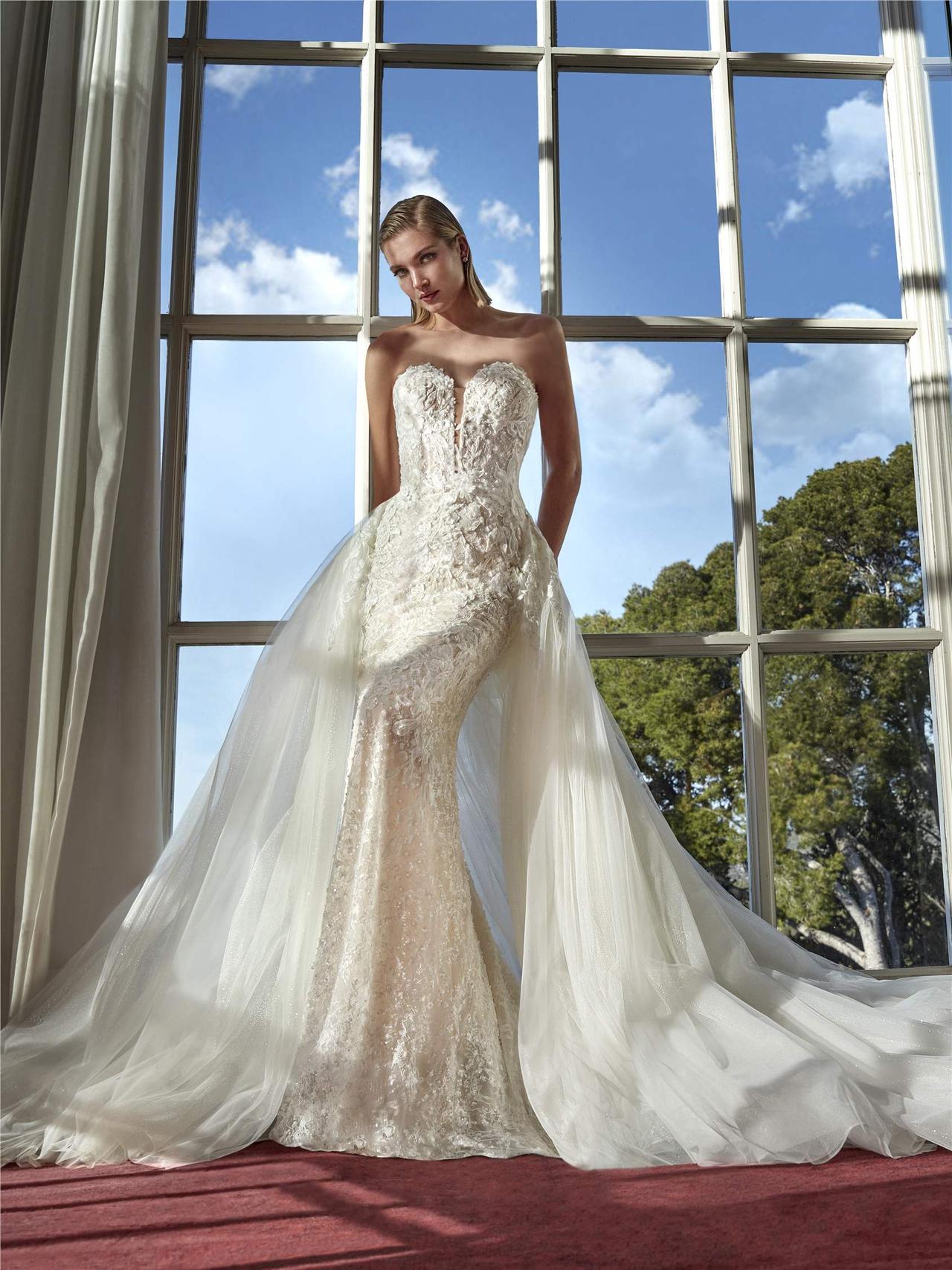 abito da sposa 2 in 1 in pizzo, scollo a cuore, a sirena con sopragonna