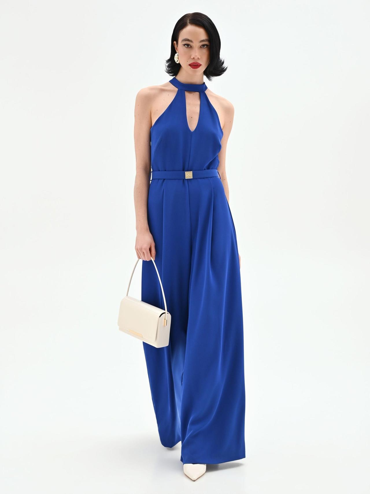 Tuta elegante da cerimonia blu, con scollo all'america e cut-out sul décolleté, pantalone ampio
