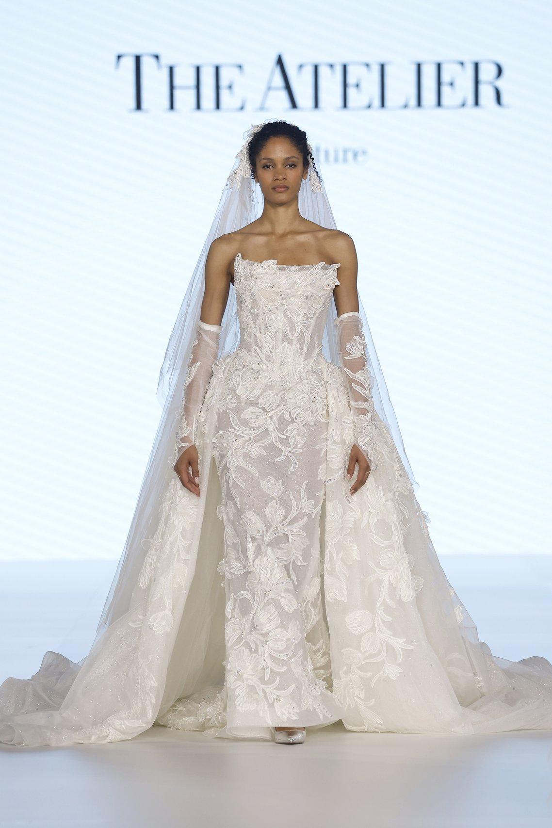 abito da sposa 2 in 1 in pizzo, a semisirena, scollo dritto, con sopragonna rimovibile