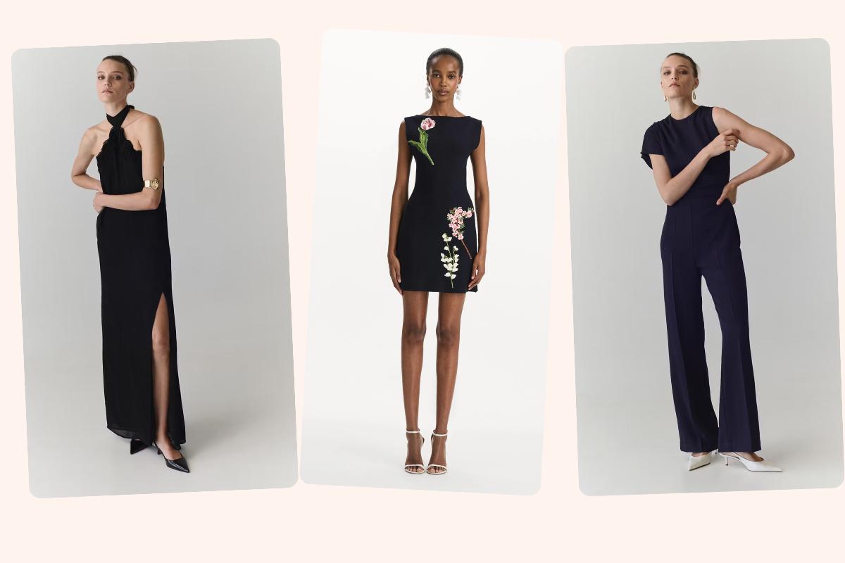 un abito nero matrimonio lungo scollo all'americana, un abito nero corto con ricami floreali e una jumpsuit nera e 